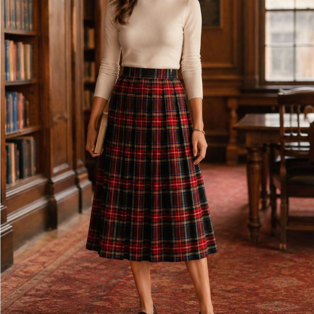 Vintage 80s Preppy Plaid Pleated Midi Skirt 4P Made in USA Academia Holiday